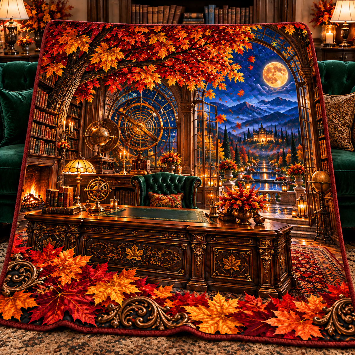Canopy Scholar Observatory Quilt Blanket with printed optical 3D artwork in its use setting