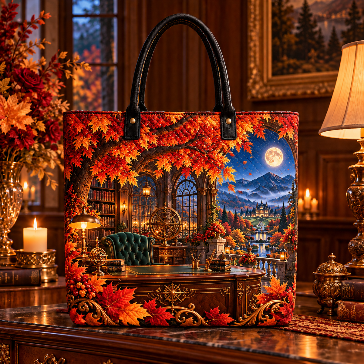Canopy Scholar Observatory Quilted Tote Bag with printed optical 3D artwork in its use setting
