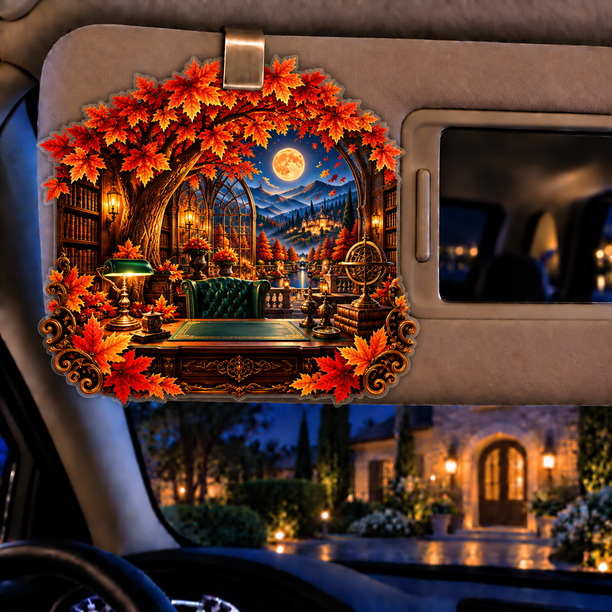 Canopy Scholar Observatory Holographic Car Visor Clip with printed optical 3D artwork in its use setting