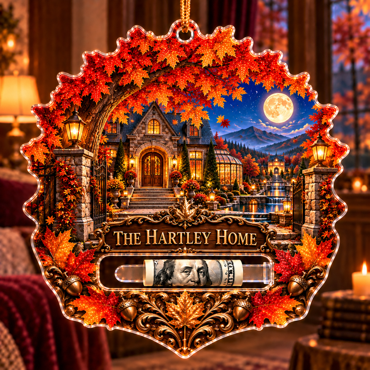 Maplehaven Welcome Crest Acrylic Cash Holder Ornament with printed optical 3D artwork in its use setting