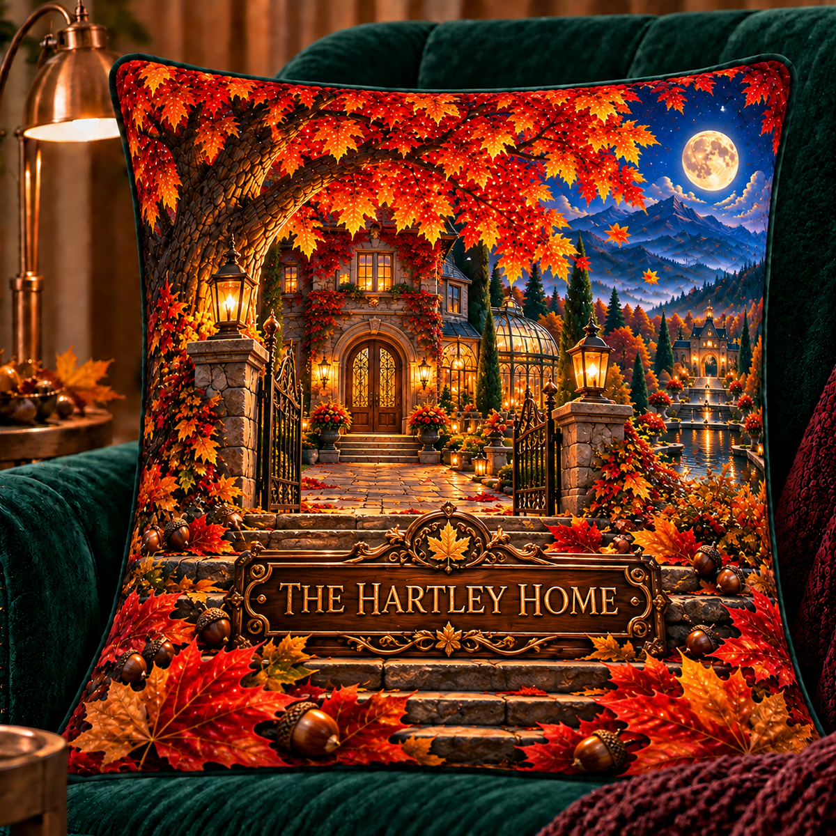 Maplehaven Welcome Crest Quilted Cushion Cover with printed optical 3D artwork in its use setting