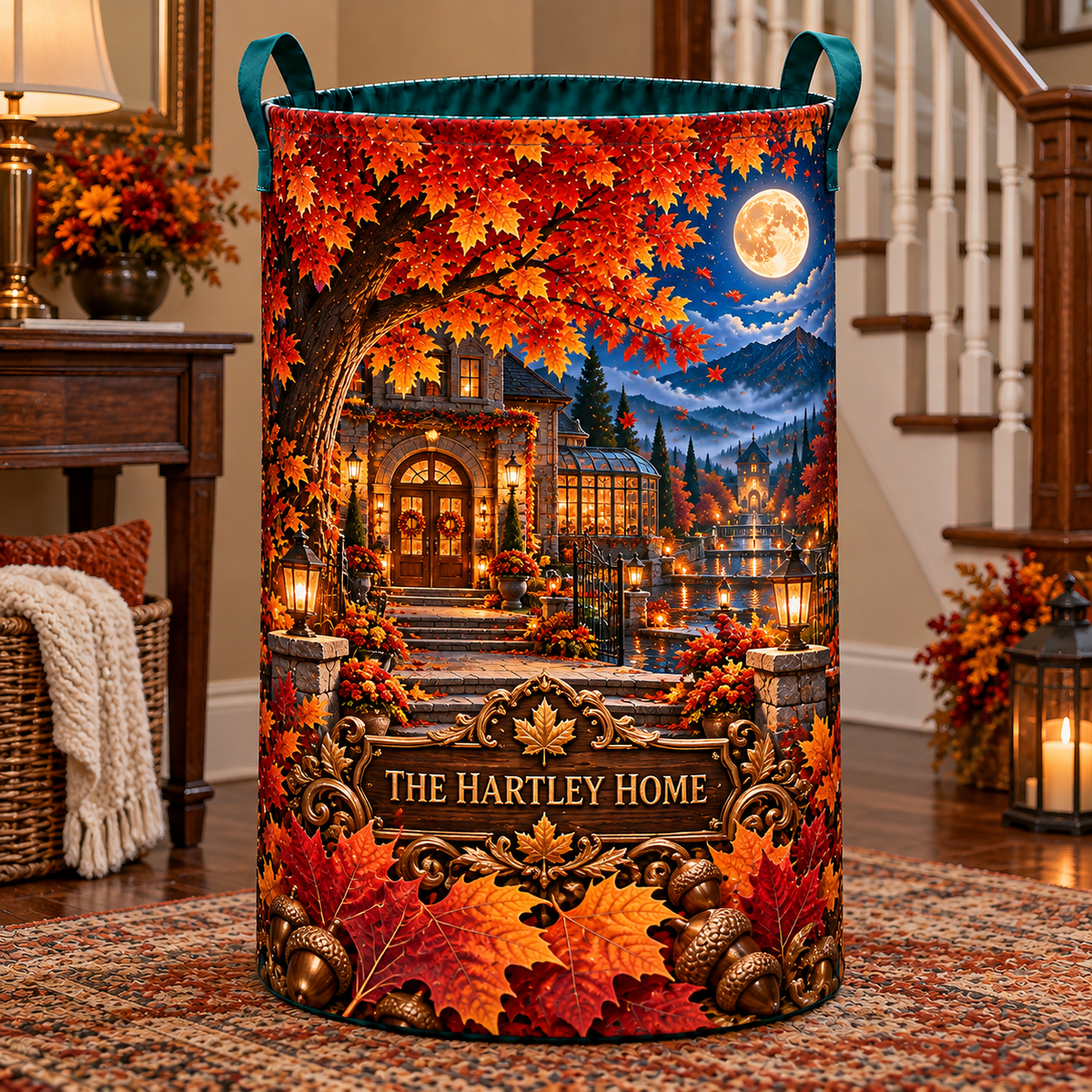 Maplehaven Welcome Crest Laundry Hamper with printed optical 3D artwork in its use setting