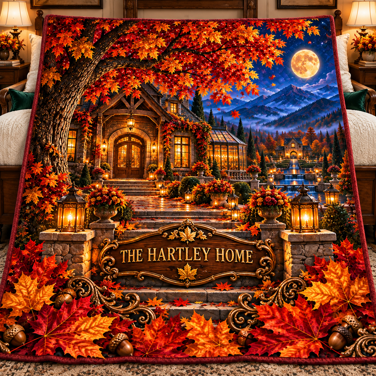 Maplehaven Welcome Crest Quilt Blanket with printed optical 3D artwork in its use setting