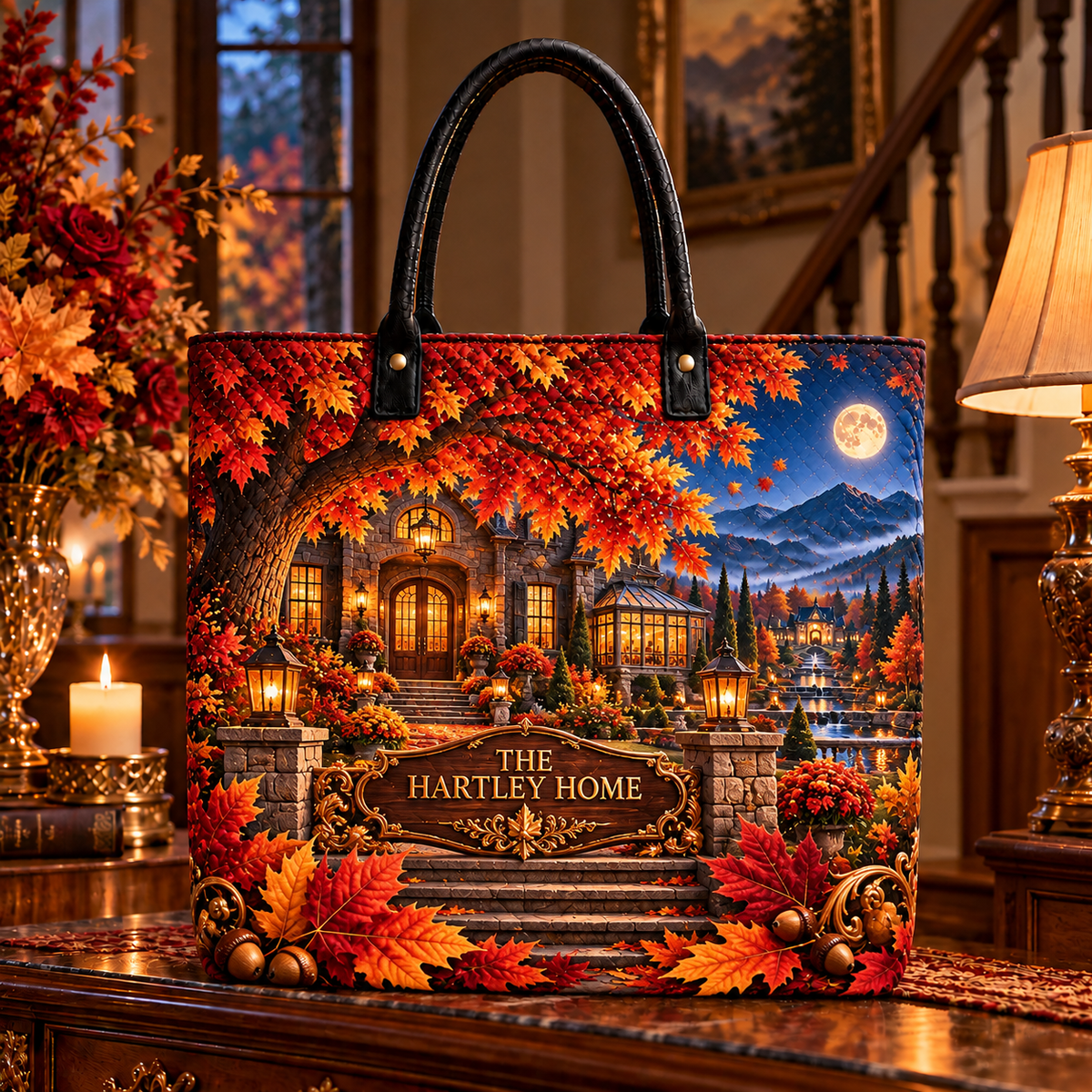 Maplehaven Welcome Crest Quilted Tote Bag with printed optical 3D artwork in its use setting