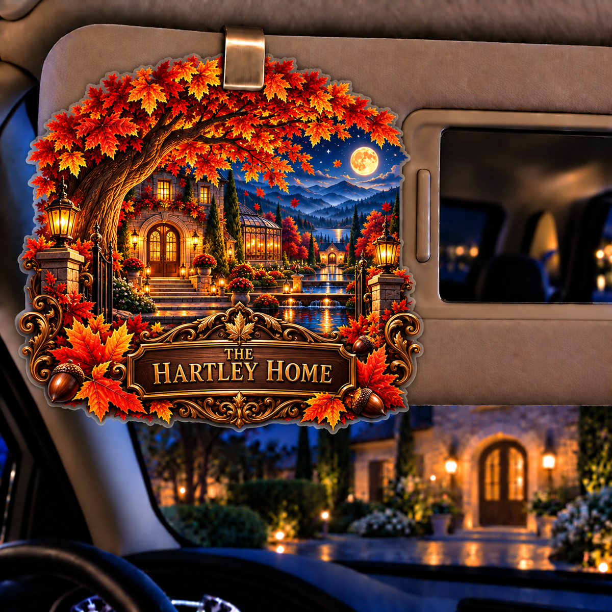Maplehaven Welcome Crest Holographic Car Visor Clip with printed optical 3D artwork in its use setting