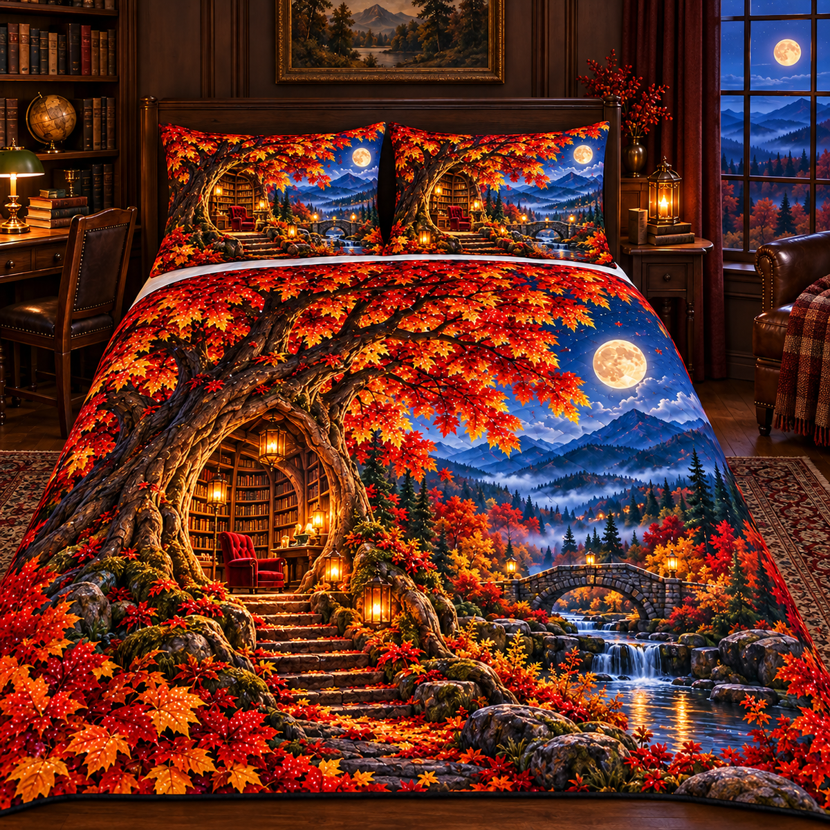 Whisperleaf Library Alcove Quilted Bedding Set with printed optical 3D artwork in its use setting