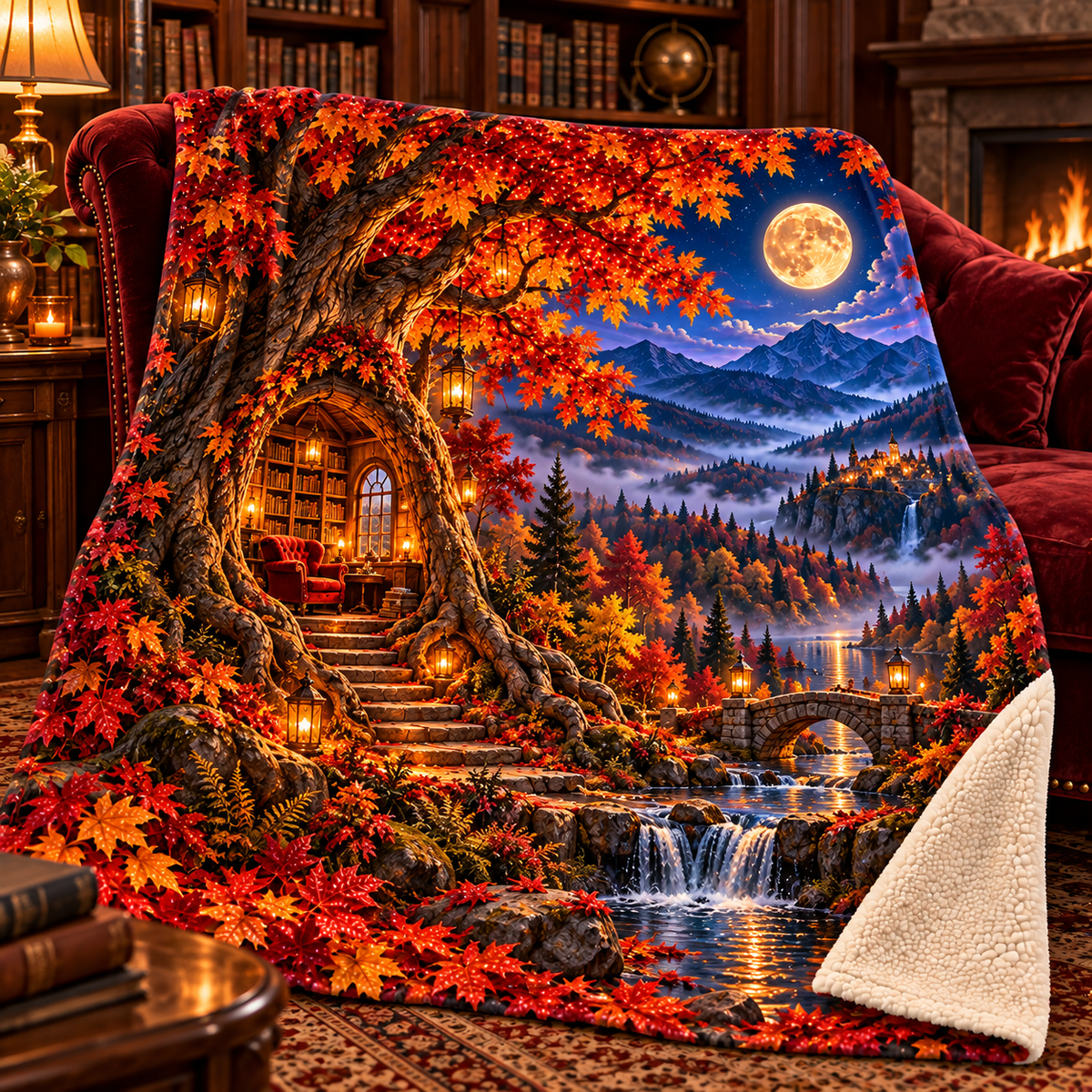 Whisperleaf Library Alcove Sherpa & Fleece Blanket with printed optical 3D artwork in its use setting