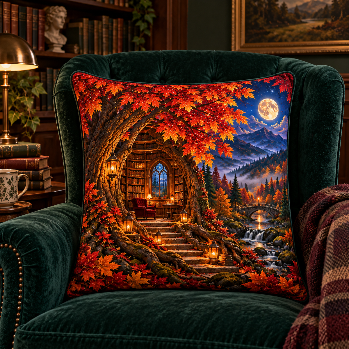 Whisperleaf Library Alcove Quilted Cushion Cover with printed optical 3D artwork in its use setting