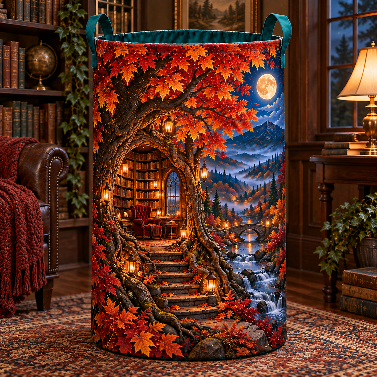 Whisperleaf Library Alcove Laundry Hamper with printed optical 3D artwork in its use setting