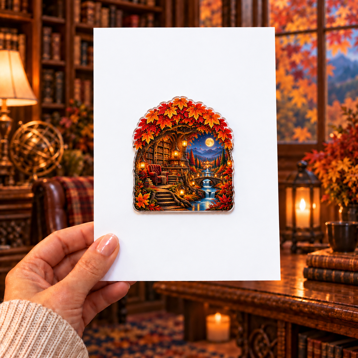 Whisperleaf Library Alcove Acrylic Refrigerator Magnet with printed optical 3D artwork in its use setting