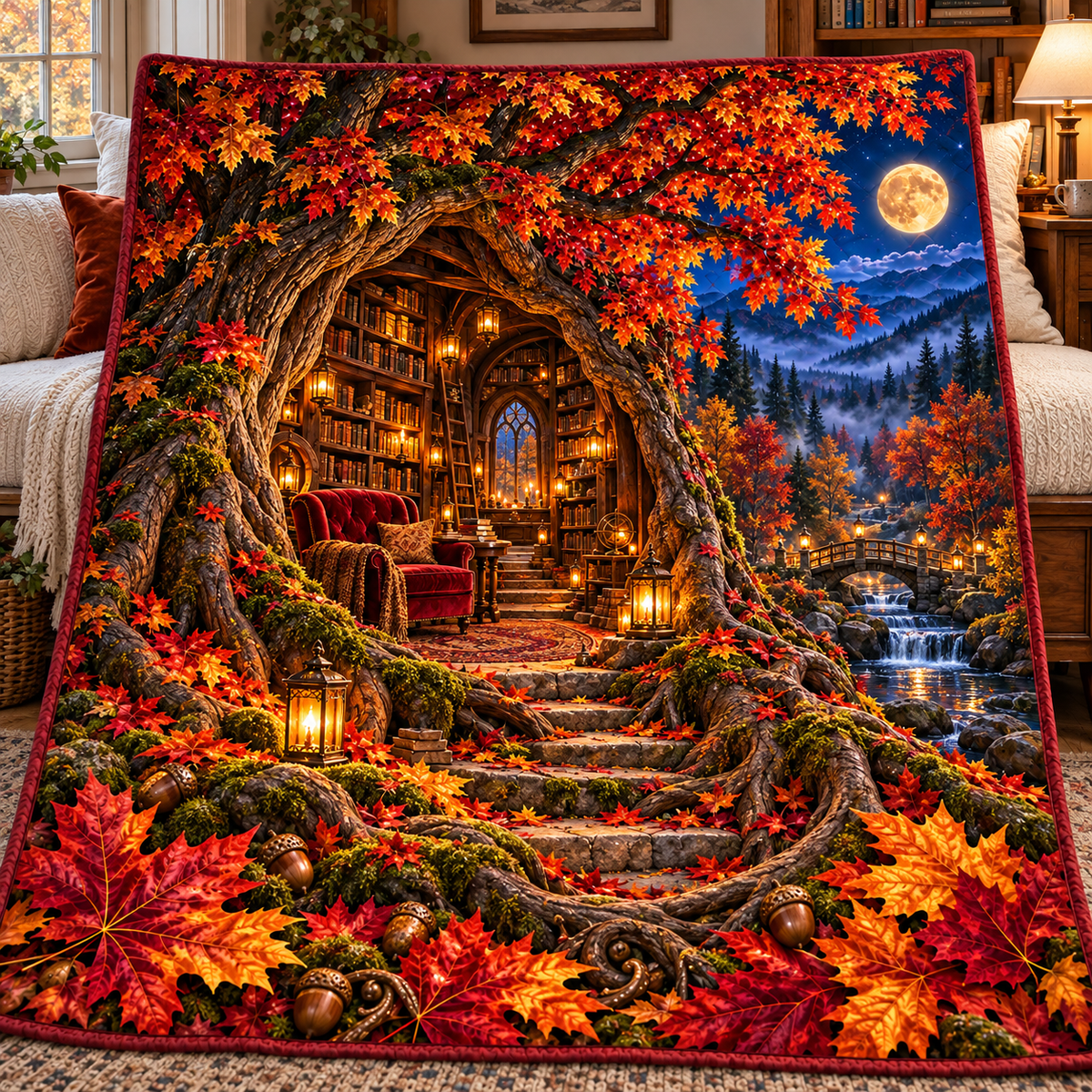 Whisperleaf Library Alcove Quilt Blanket with printed optical 3D artwork in its use setting