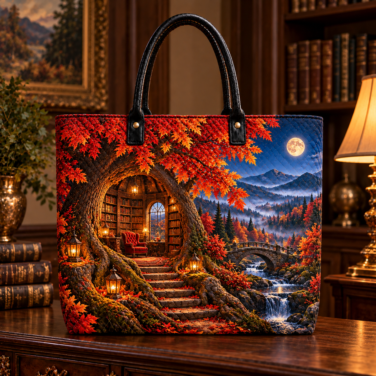 Whisperleaf Library Alcove Quilted Tote Bag with printed optical 3D artwork in its use setting