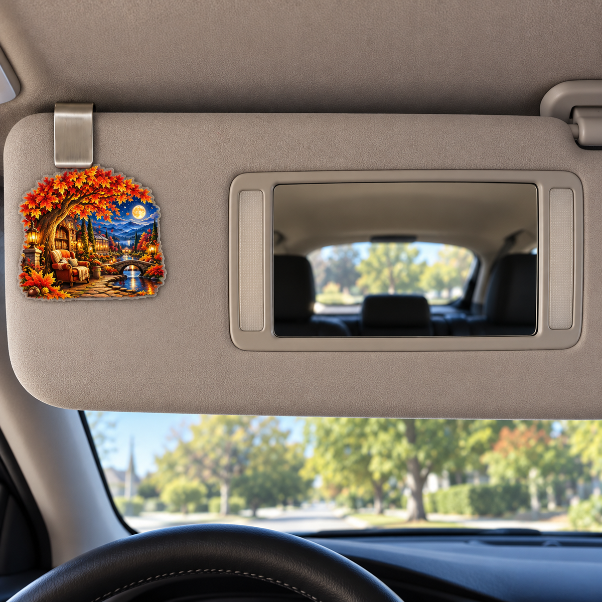 Whisperleaf Library Alcove Holographic Car Visor Clip with printed optical 3D artwork in its use setting