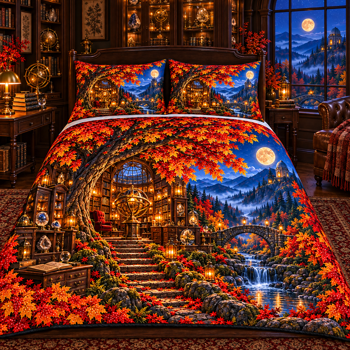 Harvest Atlas Curio Hall Quilted Bedding Set with printed optical 3D artwork in its use setting