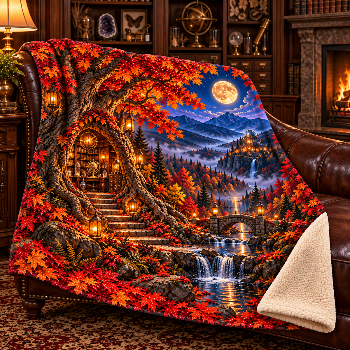 Harvest Atlas Curio Hall Sherpa & Fleece Blanket with printed optical 3D artwork in its use setting