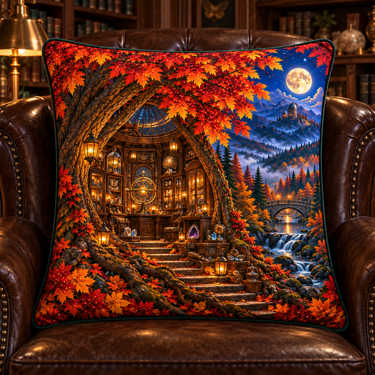 Harvest Atlas Curio Hall Quilted Cushion Cover with printed optical 3D artwork in its use setting