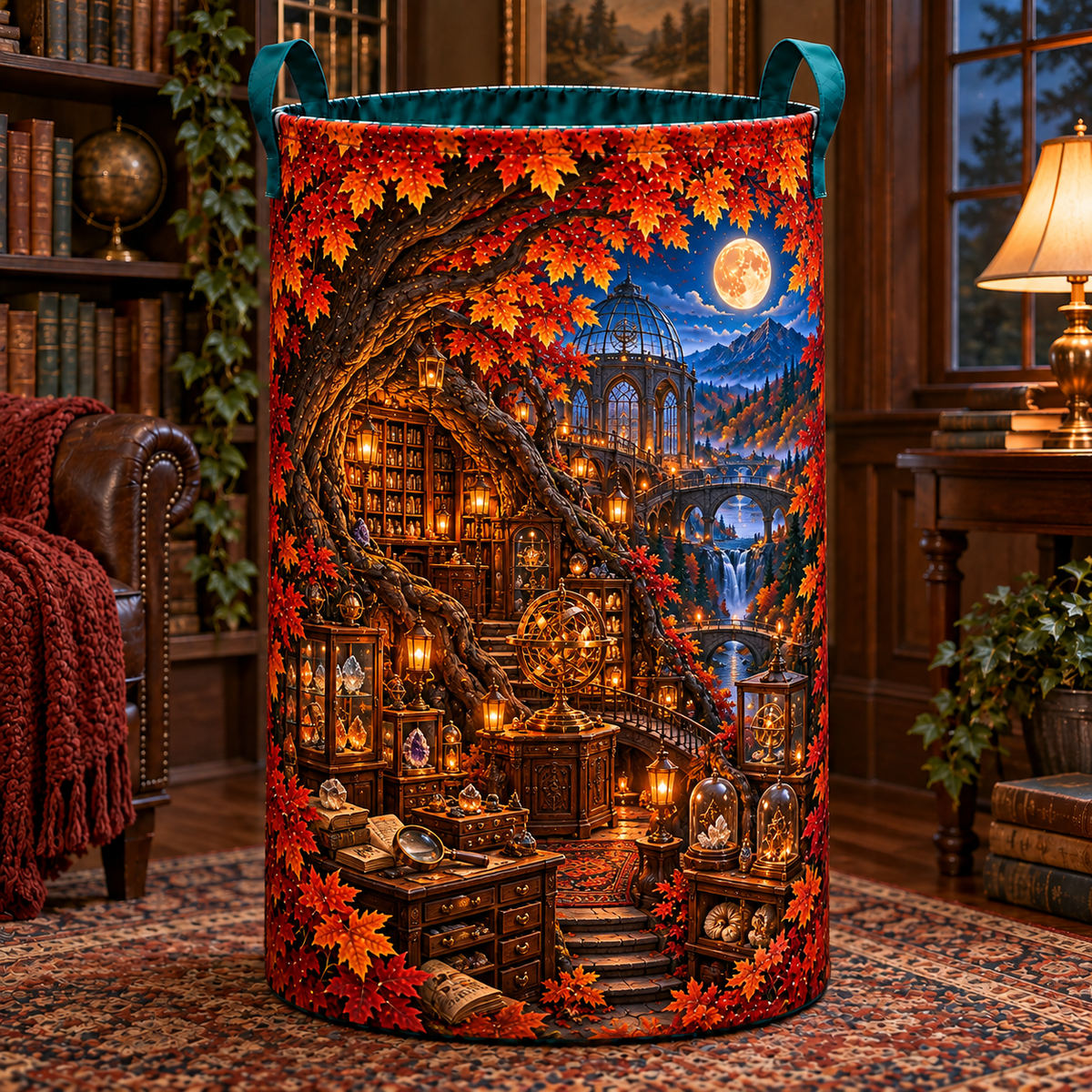Harvest Atlas Curio Hall Laundry Hamper with printed optical 3D artwork in its use setting