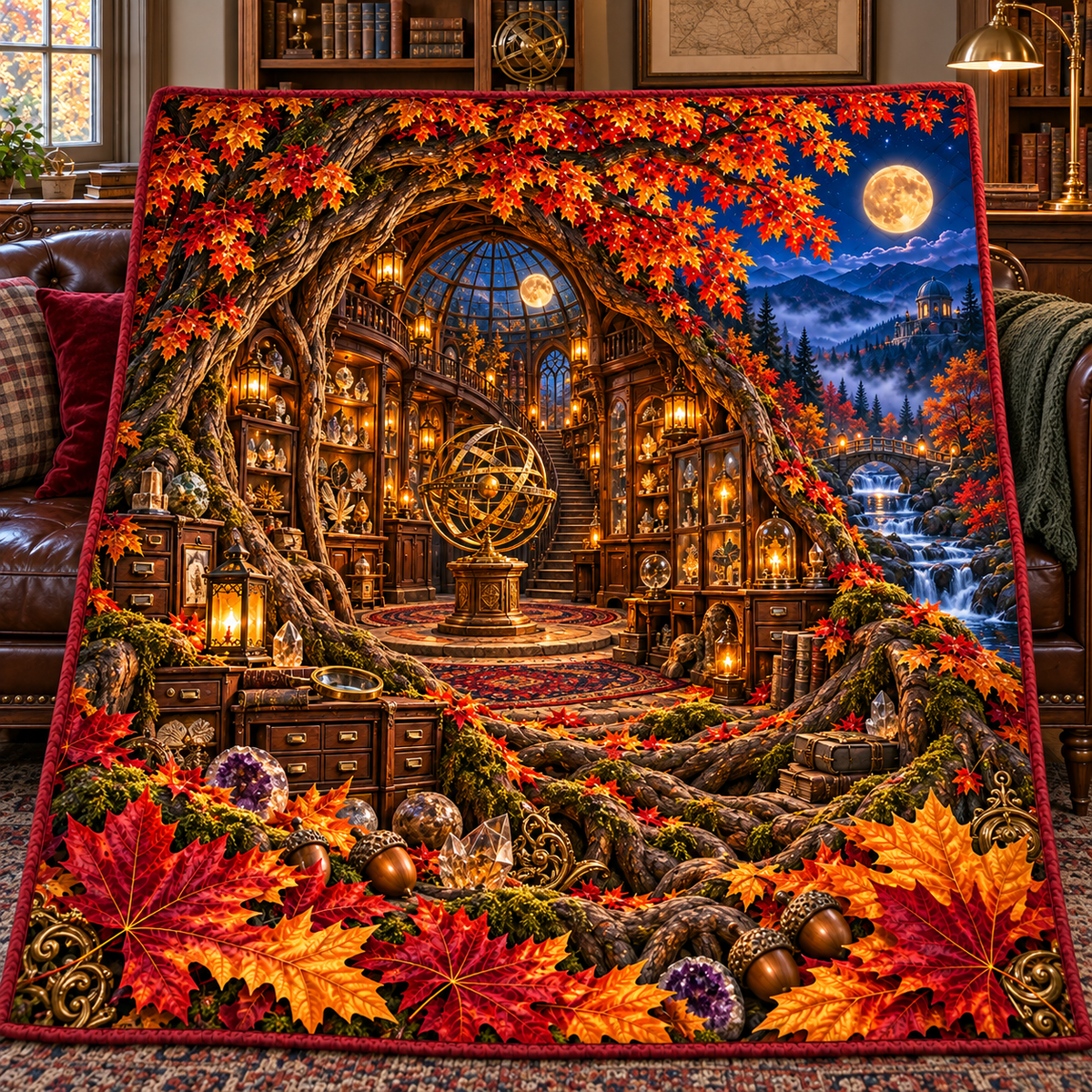 Harvest Atlas Curio Hall Quilt Blanket with printed optical 3D artwork in its use setting