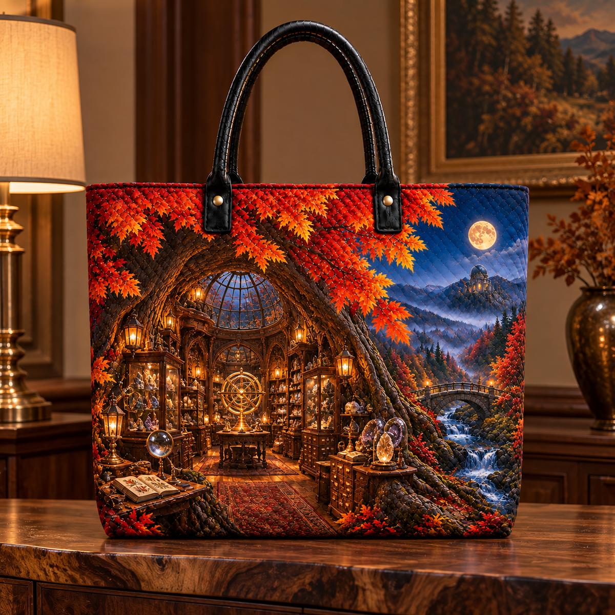 Harvest Atlas Curio Hall Quilted Tote Bag with printed optical 3D artwork in its use setting