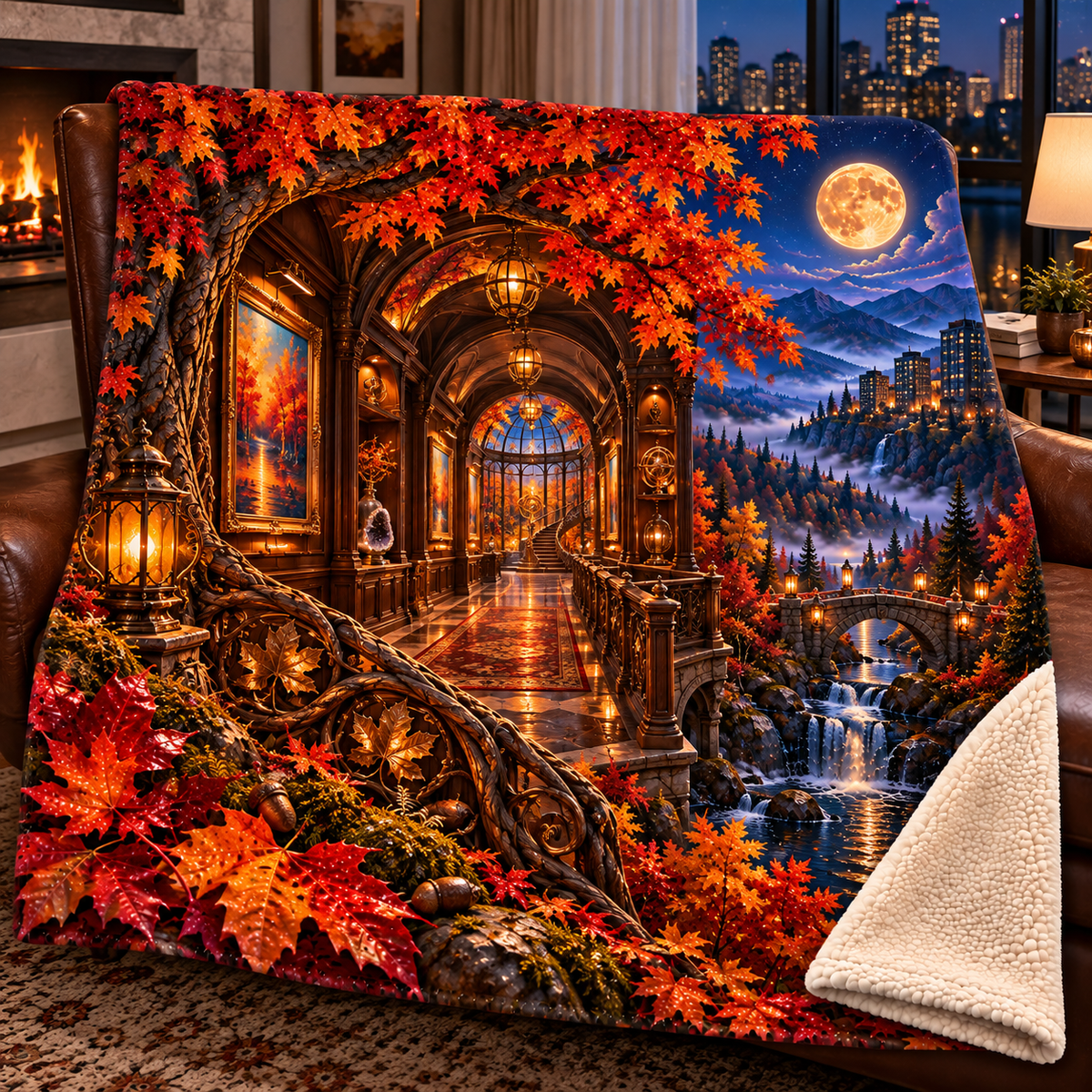 Copperleaf Gallery Passage Sherpa & Fleece Blanket with printed optical 3D artwork in its use setting