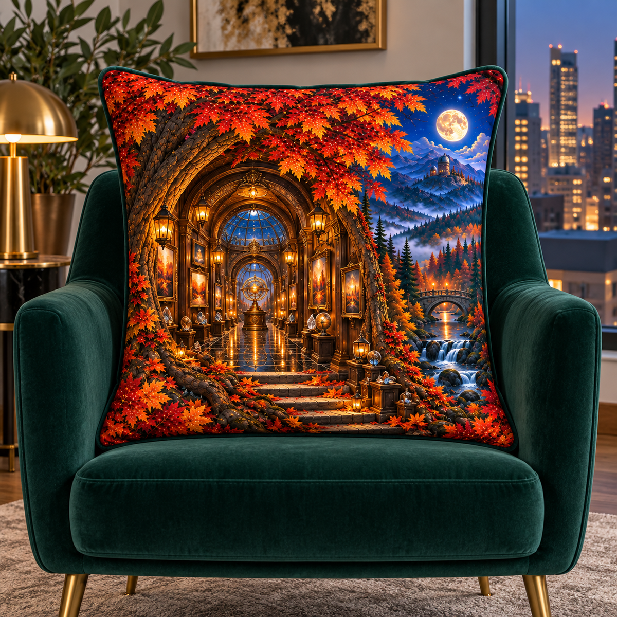 Copperleaf Gallery Passage Quilted Cushion Cover with printed optical 3D artwork in its use setting