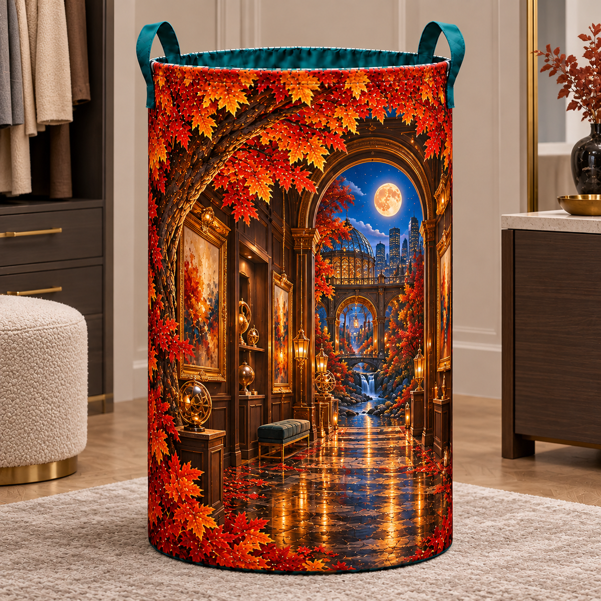 Copperleaf Gallery Passage Laundry Hamper with printed optical 3D artwork in its use setting