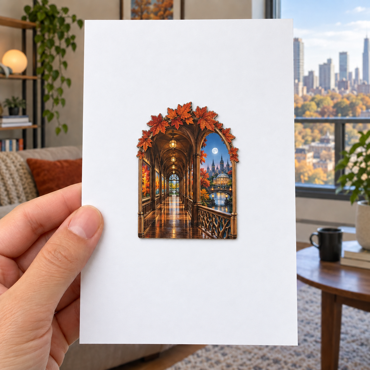 Copperleaf Gallery Passage Acrylic Refrigerator Magnet with printed optical 3D artwork in its use setting