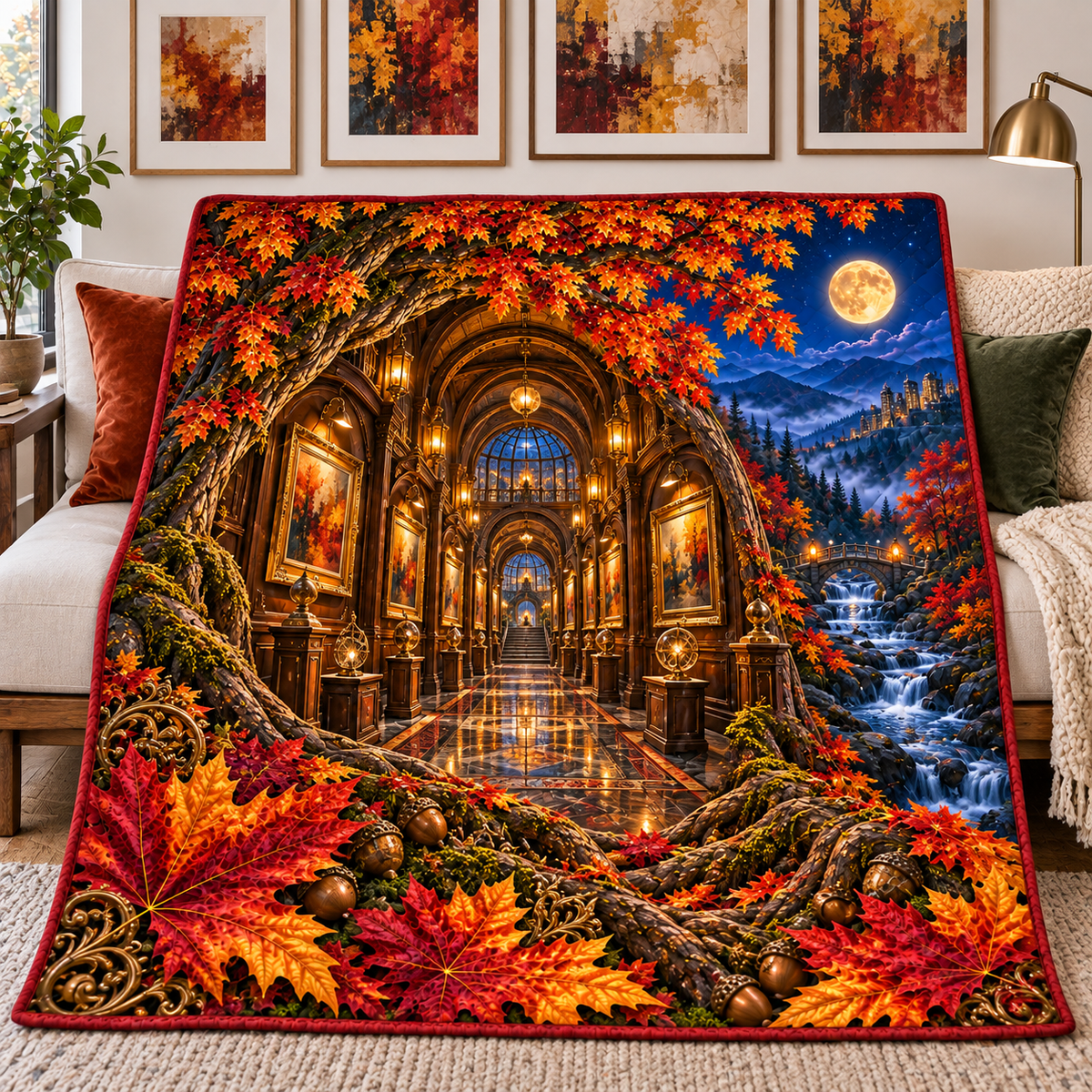 Copperleaf Gallery Passage Quilt Blanket with printed optical 3D artwork in its use setting