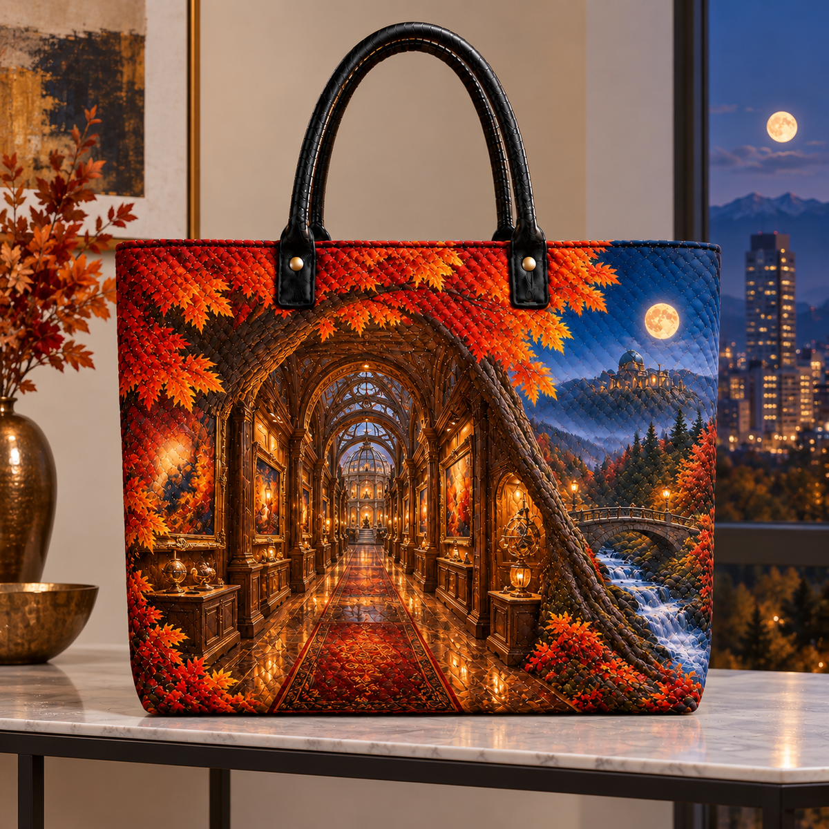 Copperleaf Gallery Passage Quilted Tote Bag with printed optical 3D artwork in its use setting