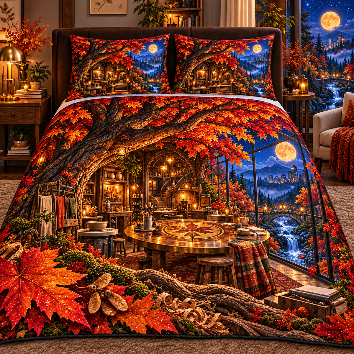 Emberleaf Maker Atelier Quilted Bedding Set with printed optical 3D artwork in its use setting