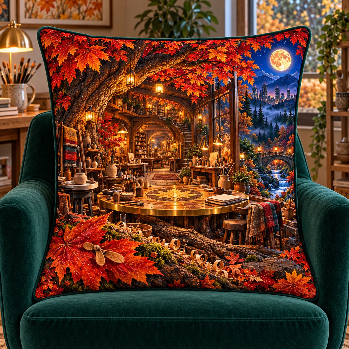 Emberleaf Maker Atelier Quilted Cushion Cover with printed optical 3D artwork in its use setting