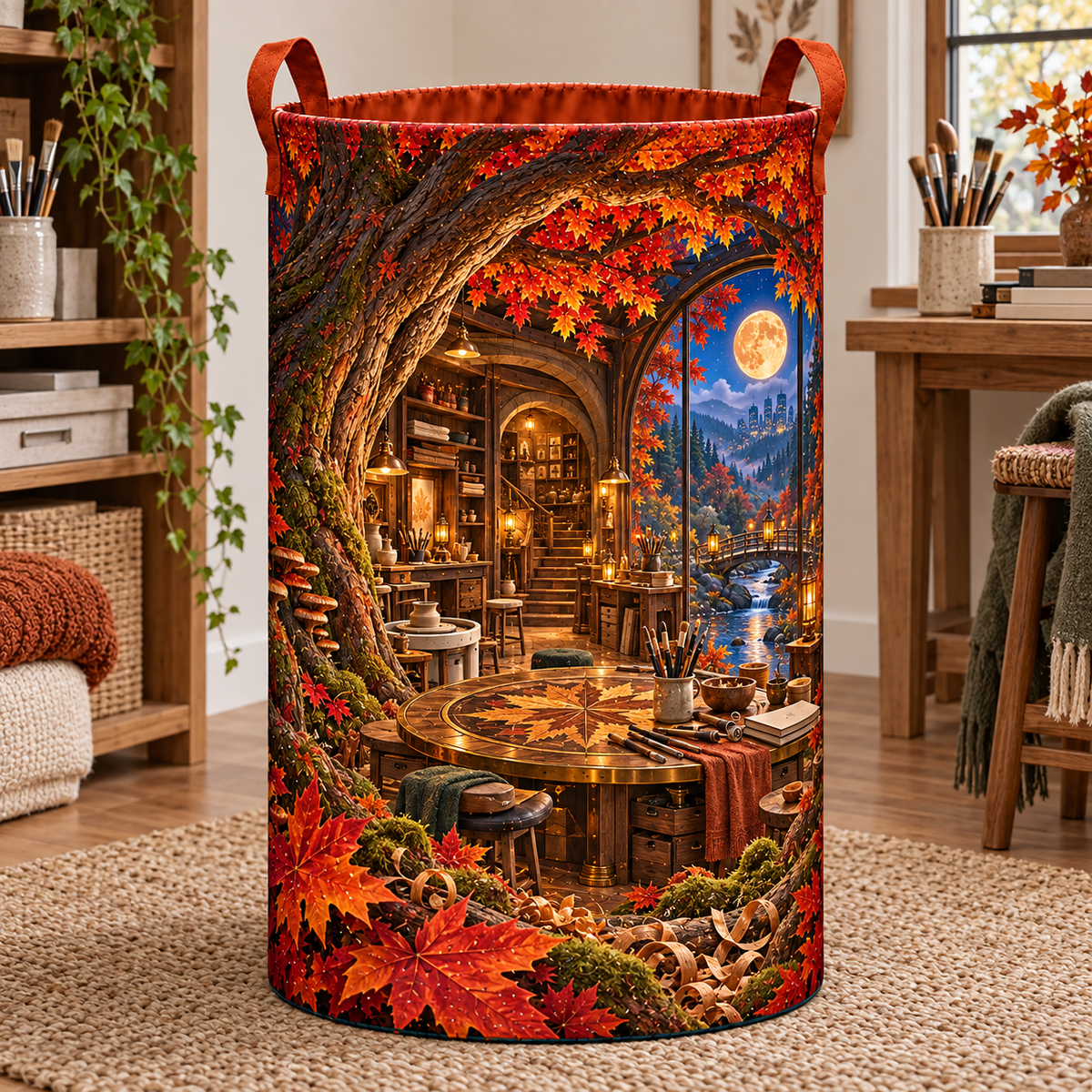 Emberleaf Maker Atelier Laundry Hamper with printed optical 3D artwork in its use setting