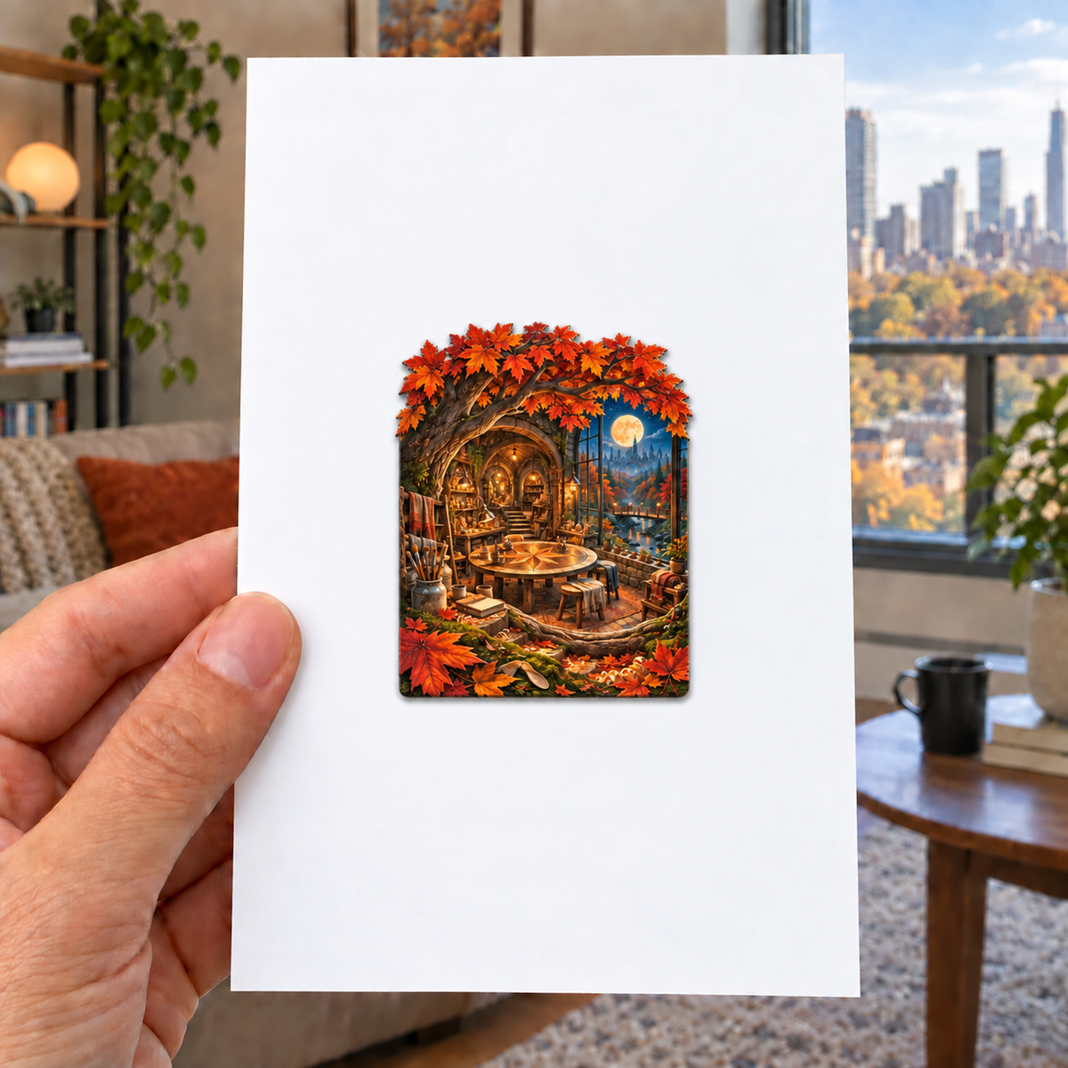 Emberleaf Maker Atelier Acrylic Refrigerator Magnet with printed optical 3D artwork in its use setting