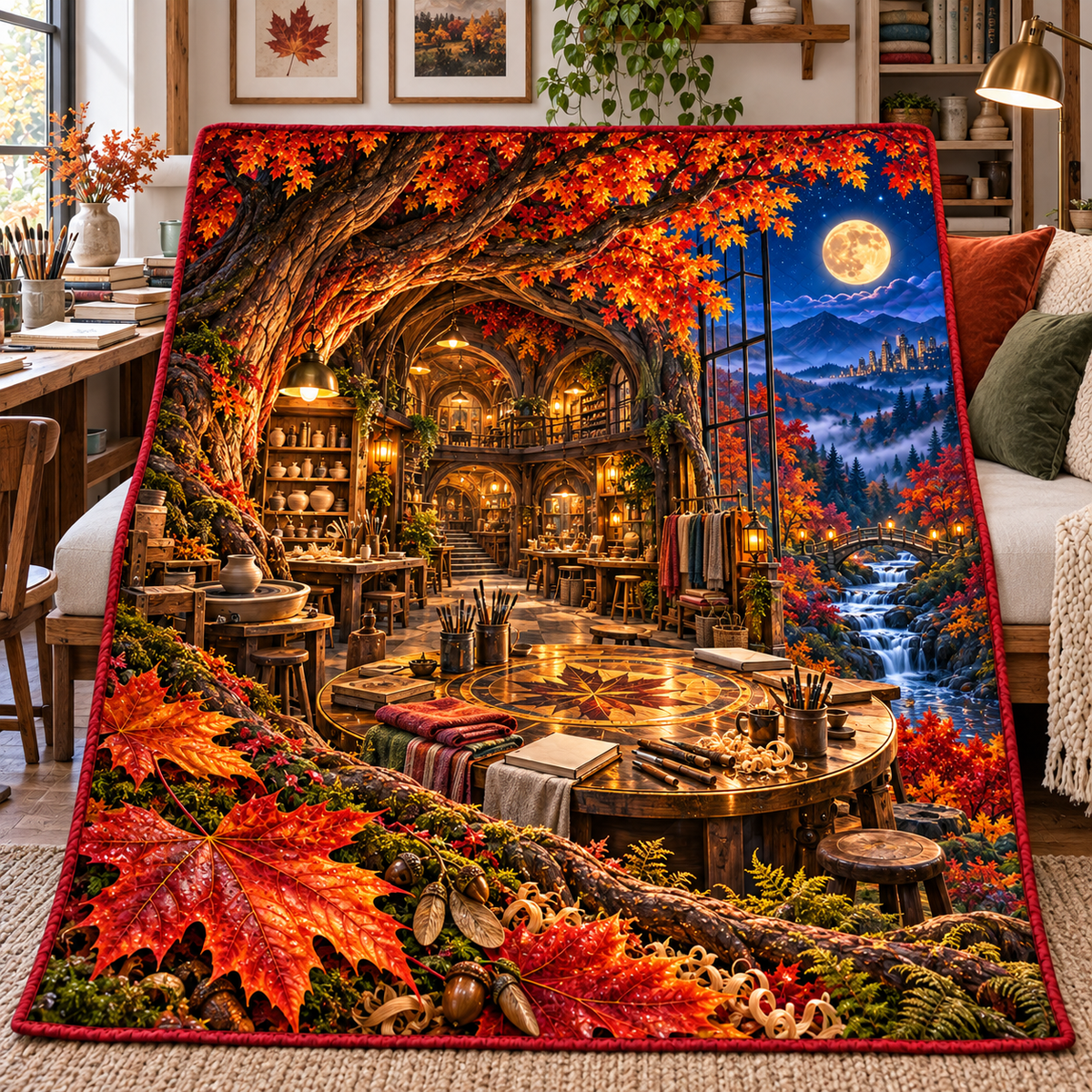 Emberleaf Maker Atelier Quilt Blanket with printed optical 3D artwork in its use setting