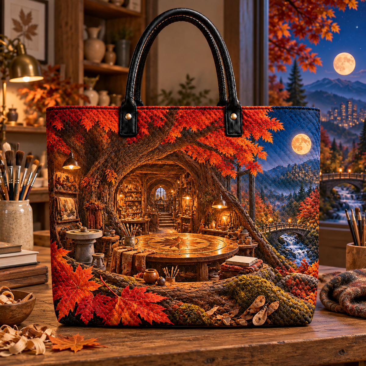 Emberleaf Maker Atelier Quilted Tote Bag with printed optical 3D artwork in its use setting