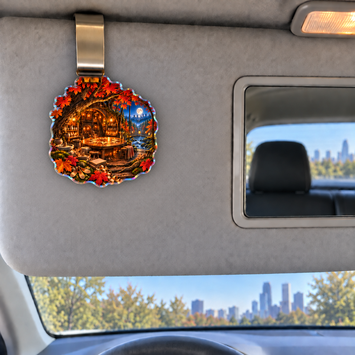 Emberleaf Maker Atelier Holographic Car Visor Clip with printed optical 3D artwork in its use setting