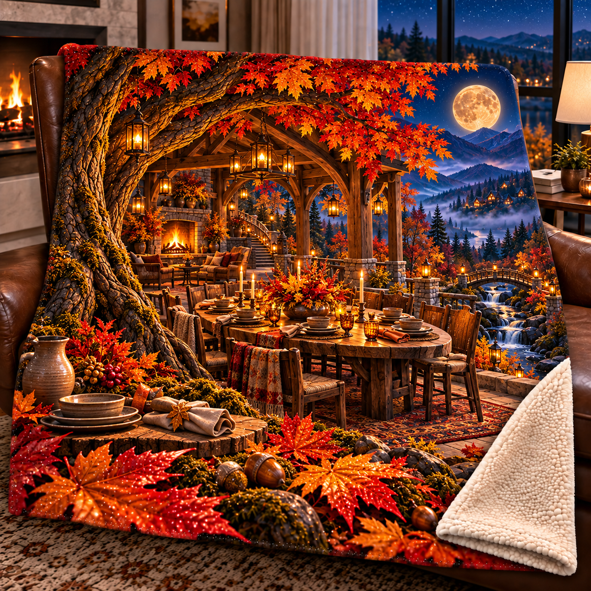 Maple Hearth Welcome Pavilion Sherpa & Fleece Blanket with printed optical 3D artwork in its use setting