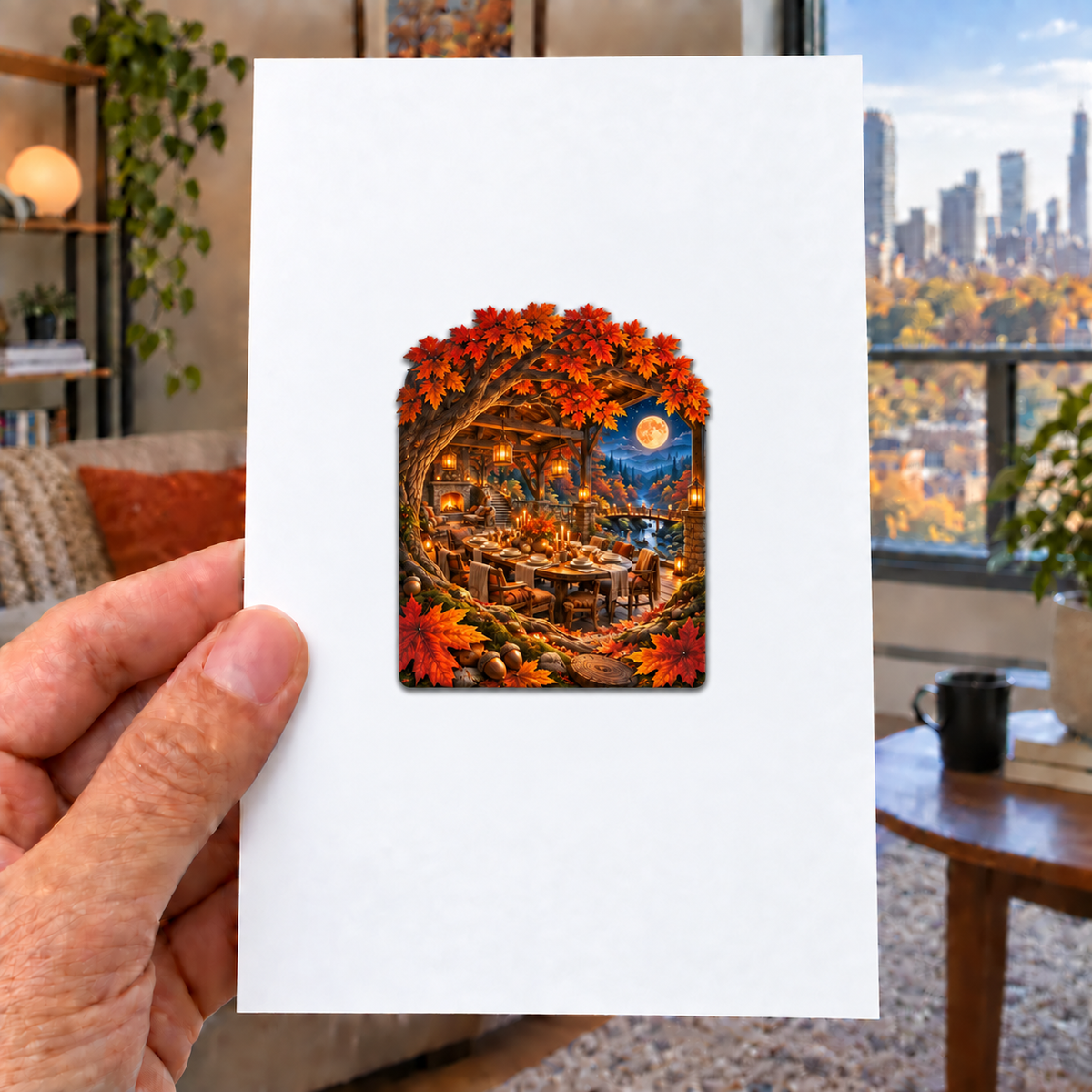 Maple Hearth Welcome Pavilion Acrylic Refrigerator Magnet with printed optical 3D artwork in its use setting