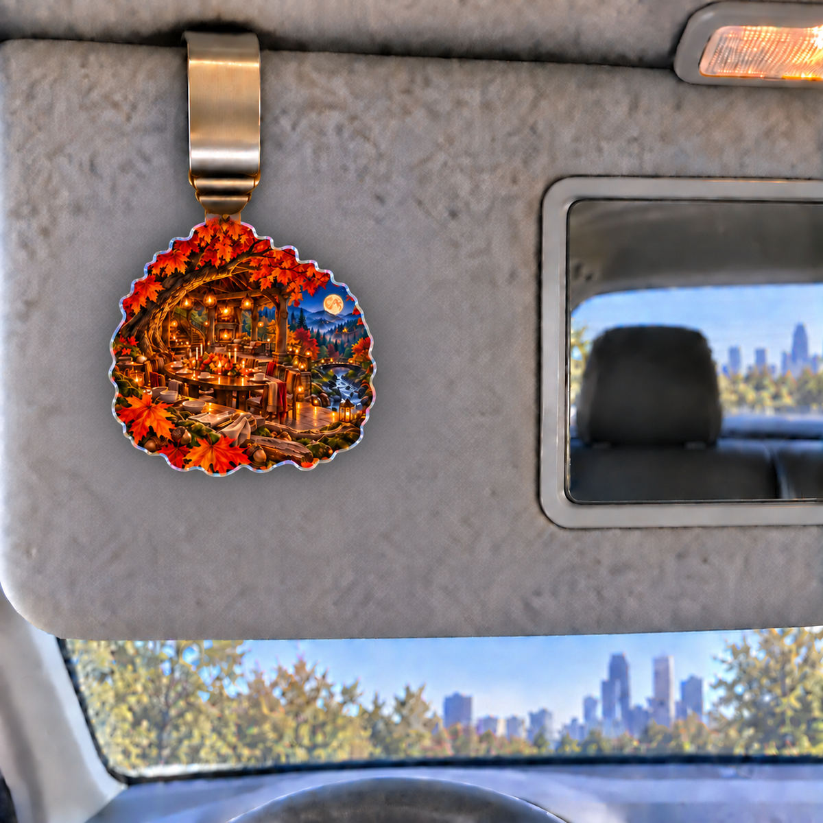 Maple Hearth Welcome Pavilion Holographic Car Visor Clip with printed optical 3D artwork in its use setting