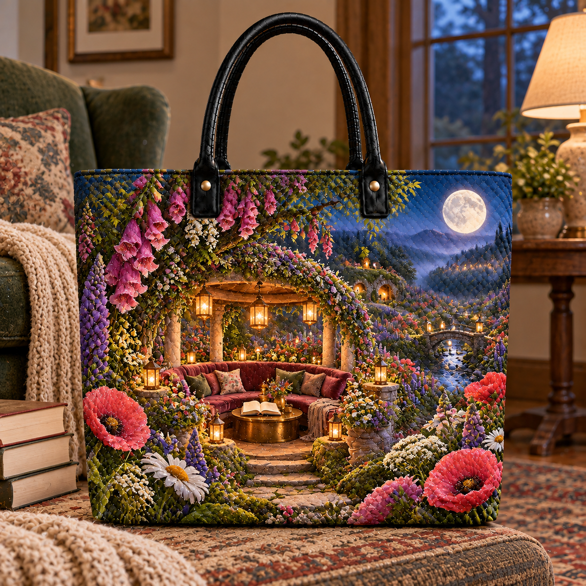 Moonpetal Reading Meadow Quilted Tote Bag with printed optical 3D artwork in its use setting