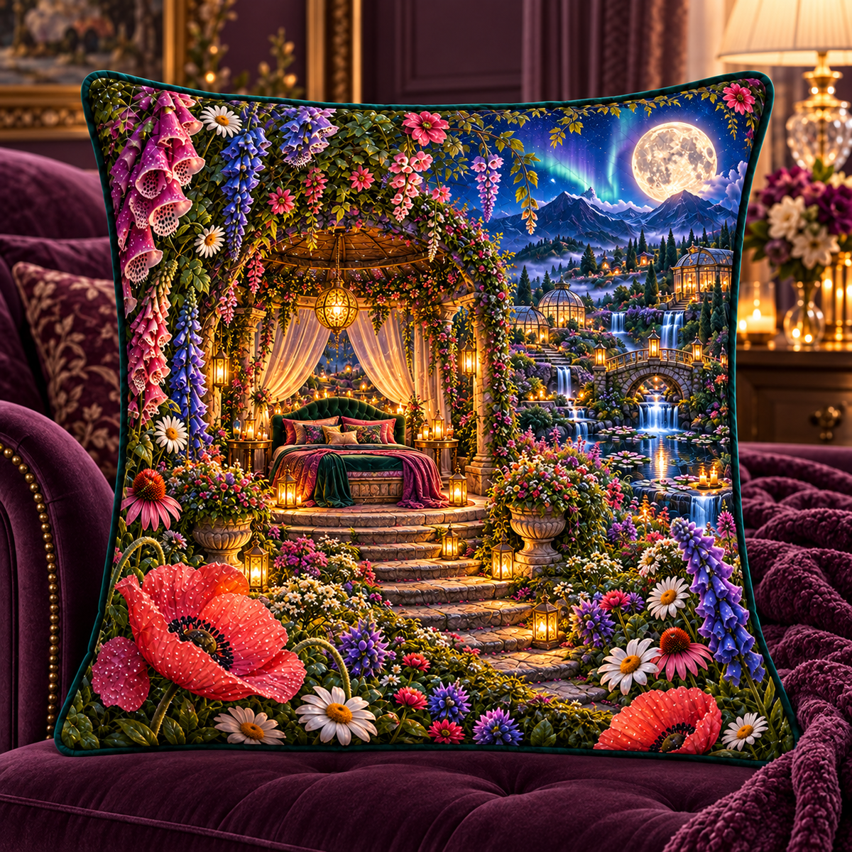 Aurora Bloom Bedchamber Quilted Cushion Cover with printed optical 3D artwork in its use setting