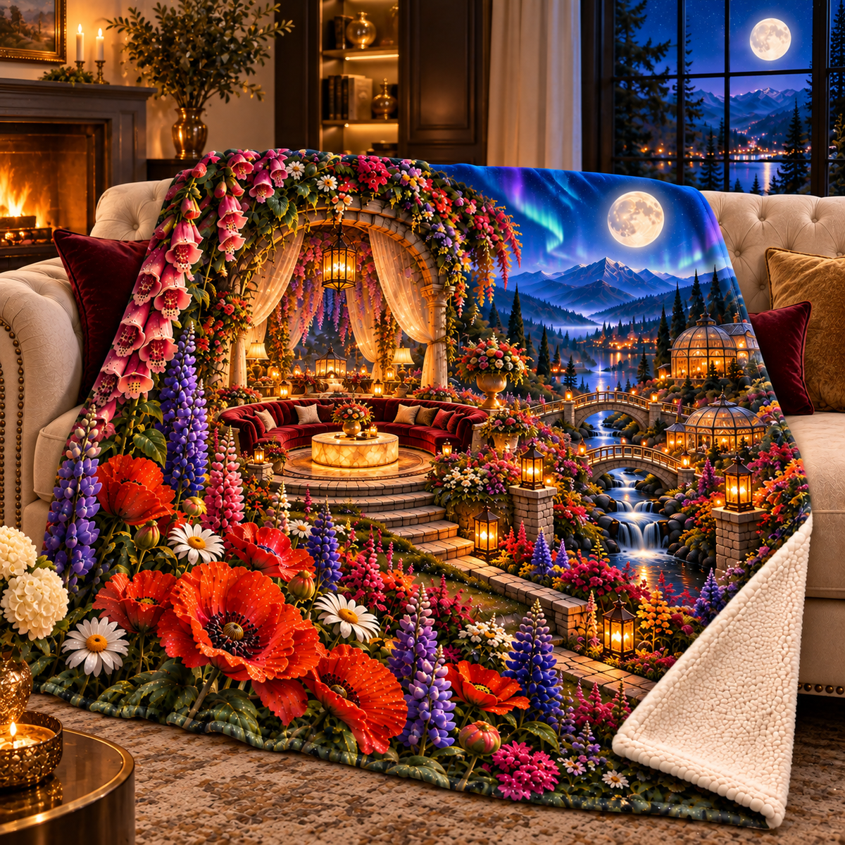 Moonbloom Grand Salon Sherpa & Fleece Blanket with printed optical 3D artwork in its use setting