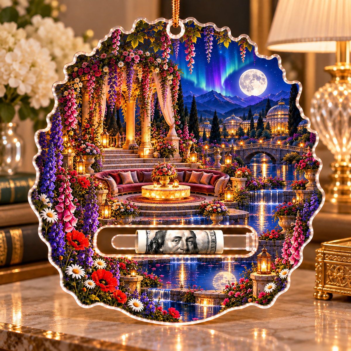 Moonbloom Grand Salon Acrylic Cash Holder Ornament with printed optical 3D artwork in its use setting
