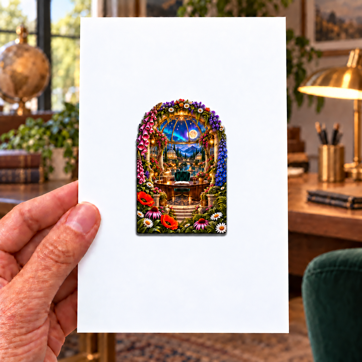 Starpetal Garden Study Acrylic Refrigerator Magnet with printed optical 3D artwork in its use setting