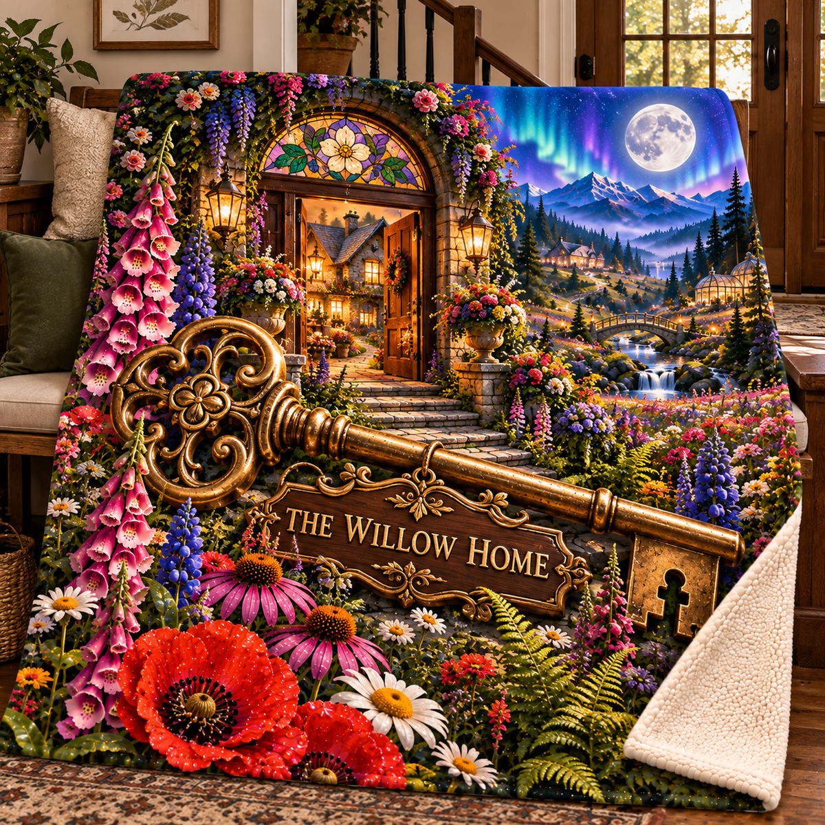Meadowkey Wildflower Welcome Sherpa & Fleece Blanket with printed optical 3D artwork in its use setting
