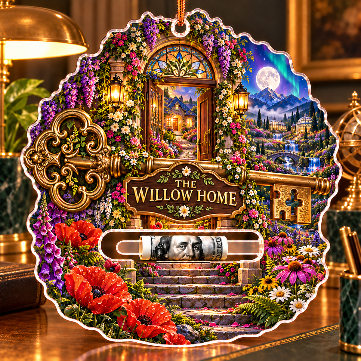 Meadowkey Wildflower Welcome Acrylic Cash Holder Ornament with printed optical 3D artwork in its use setting