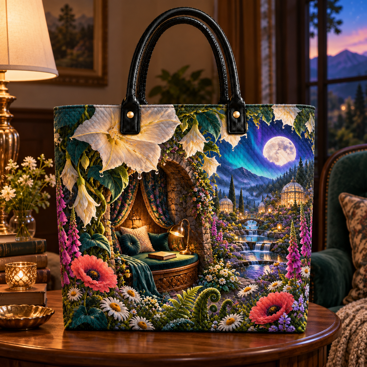 Whisperbloom Moon Alcove Quilted Tote Bag with printed optical 3D artwork in its use setting