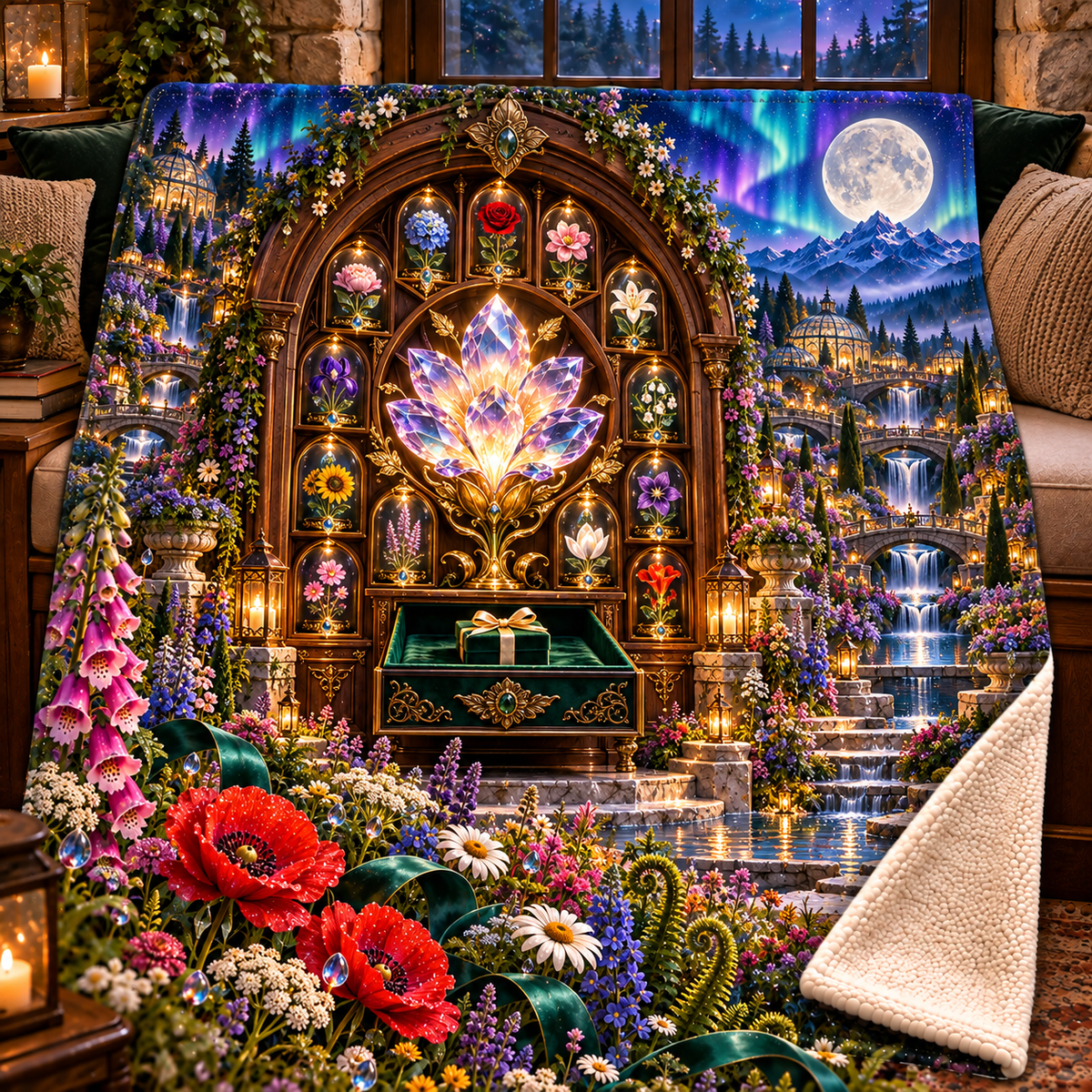 Aurora Florilegium Vault Sherpa & Fleece Blanket with printed optical 3D artwork in its use setting