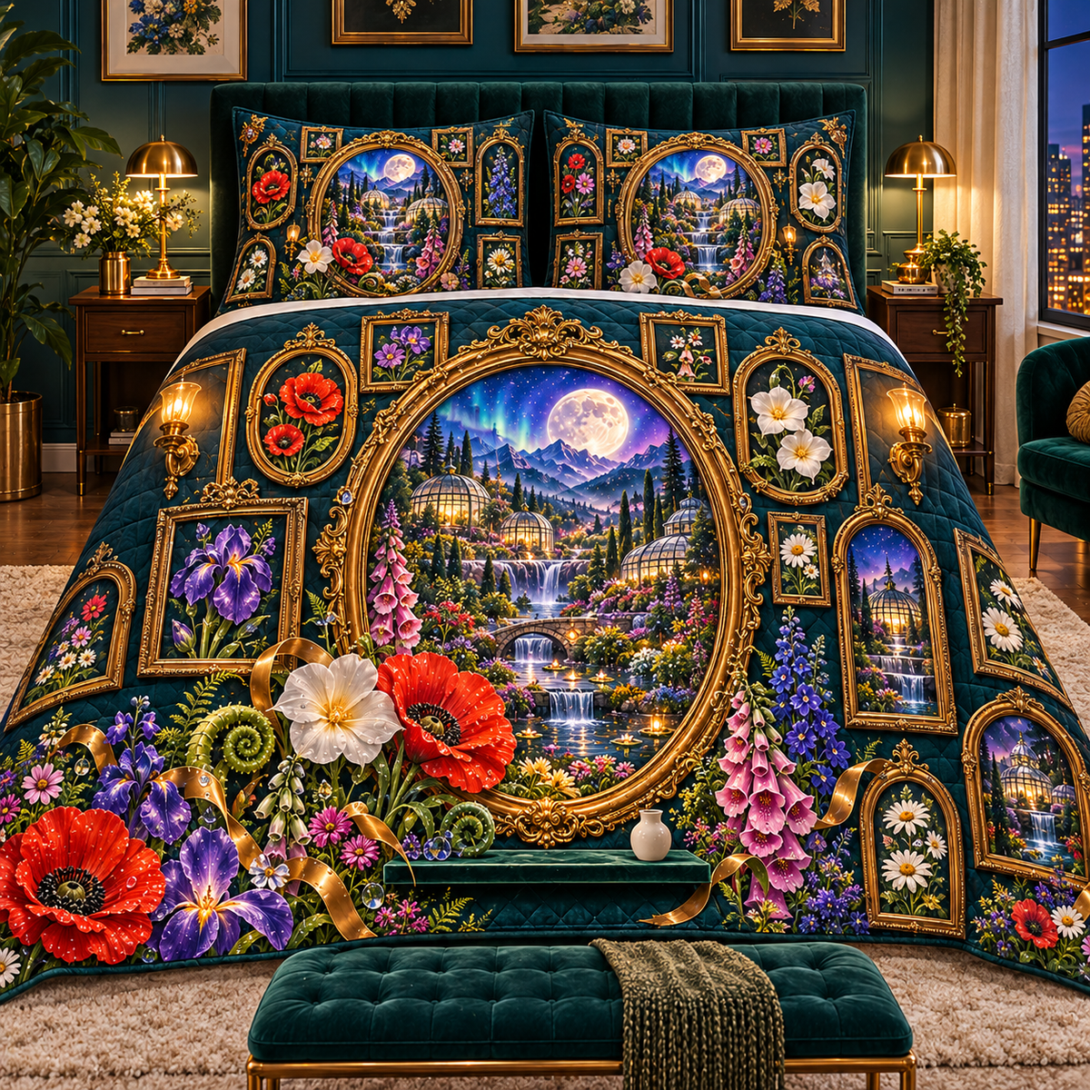 Gilded Meadow Salon Wall Quilted Bedding Set with printed optical 3D artwork in its use setting