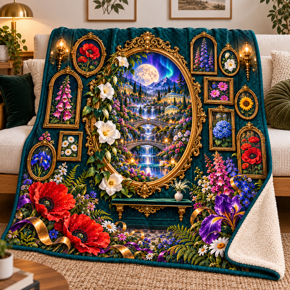Gilded Meadow Salon Wall Sherpa & Fleece Blanket with printed optical 3D artwork in its use setting